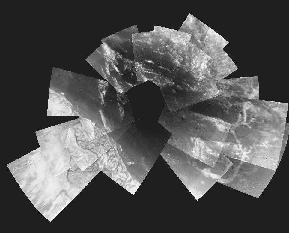 Black and white layered images of Titan's surface laid out in a spiral.