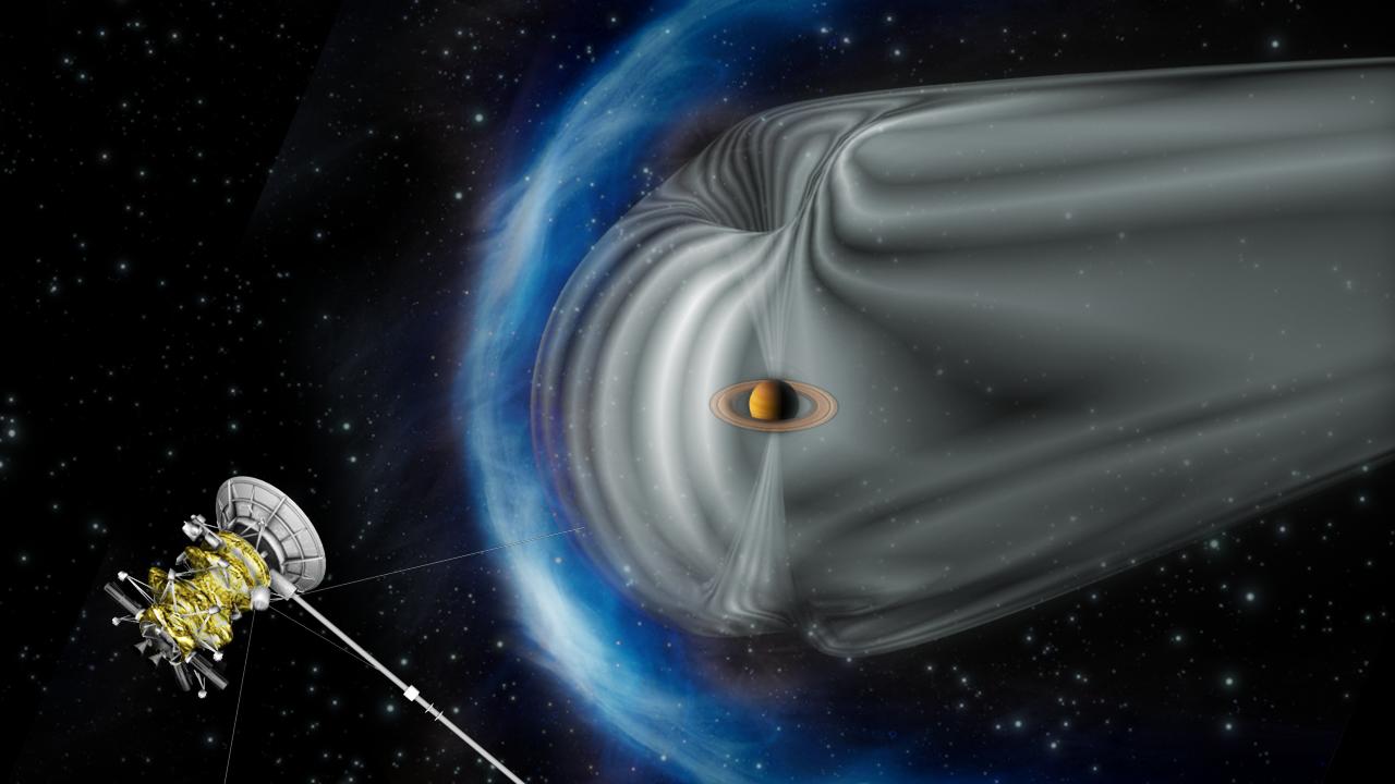 This artist's impression shows Cassini exploring the magnetic environment of Saturn.