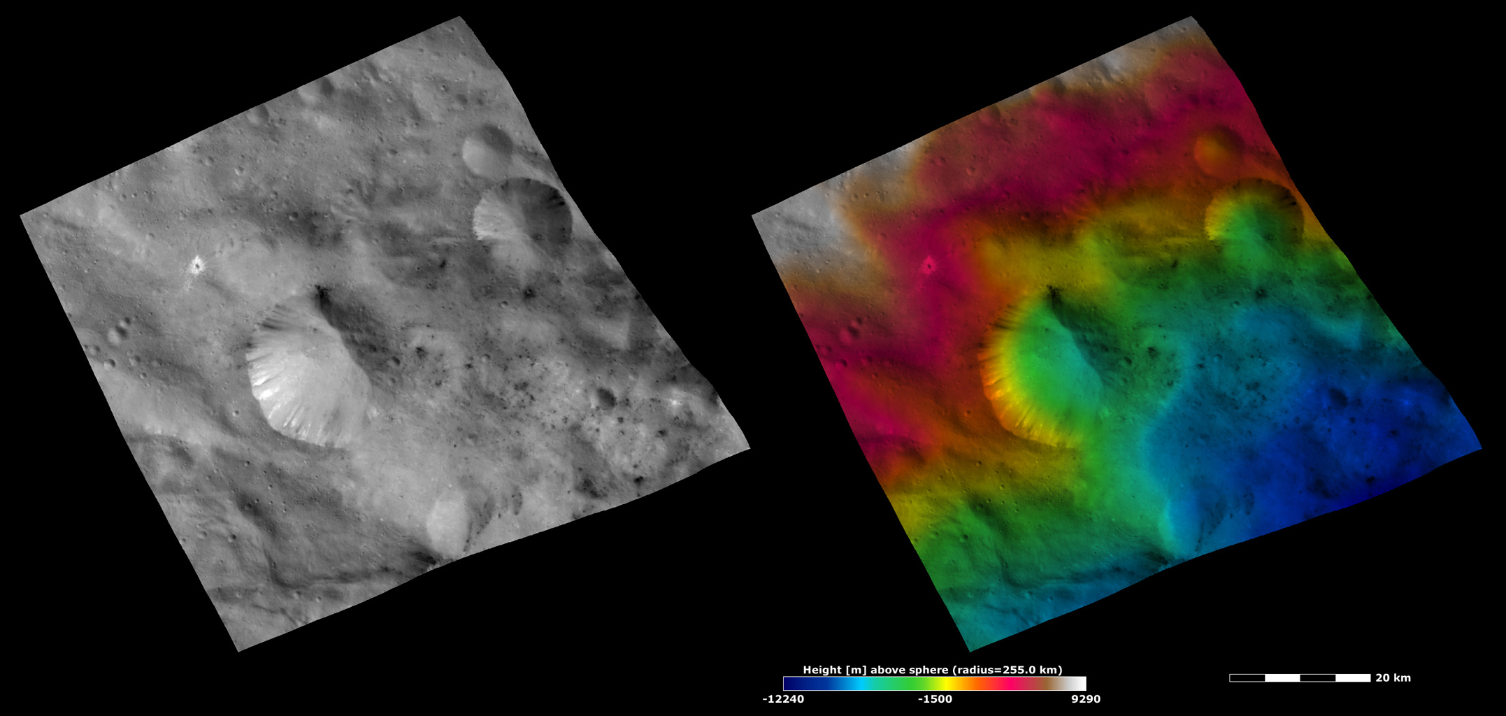 Apparent Brightness and Topography Images of Helena Crater