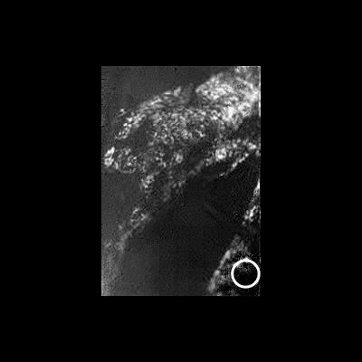 Black and white image of Titan's surface from above shows possible location of Huygens Probe.