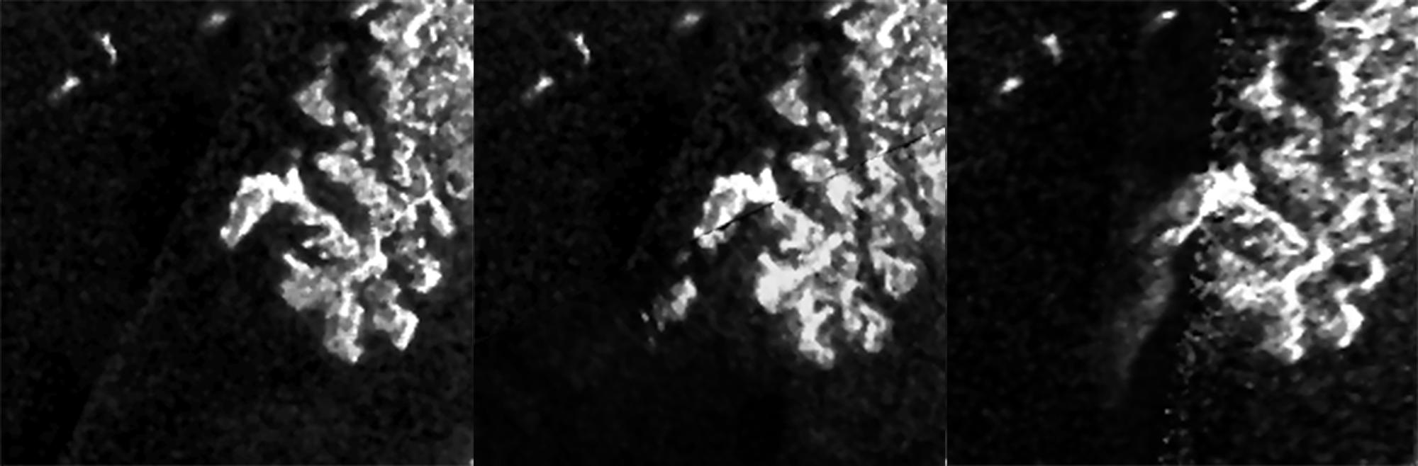 These three images, created from Cassini Synthetic Aperture Radar (SAR) data, show the appearance and evolution of a mysterious feature in Ligeia Mare, one of the largest hydrocarbon seas on Saturn's moon Titan.