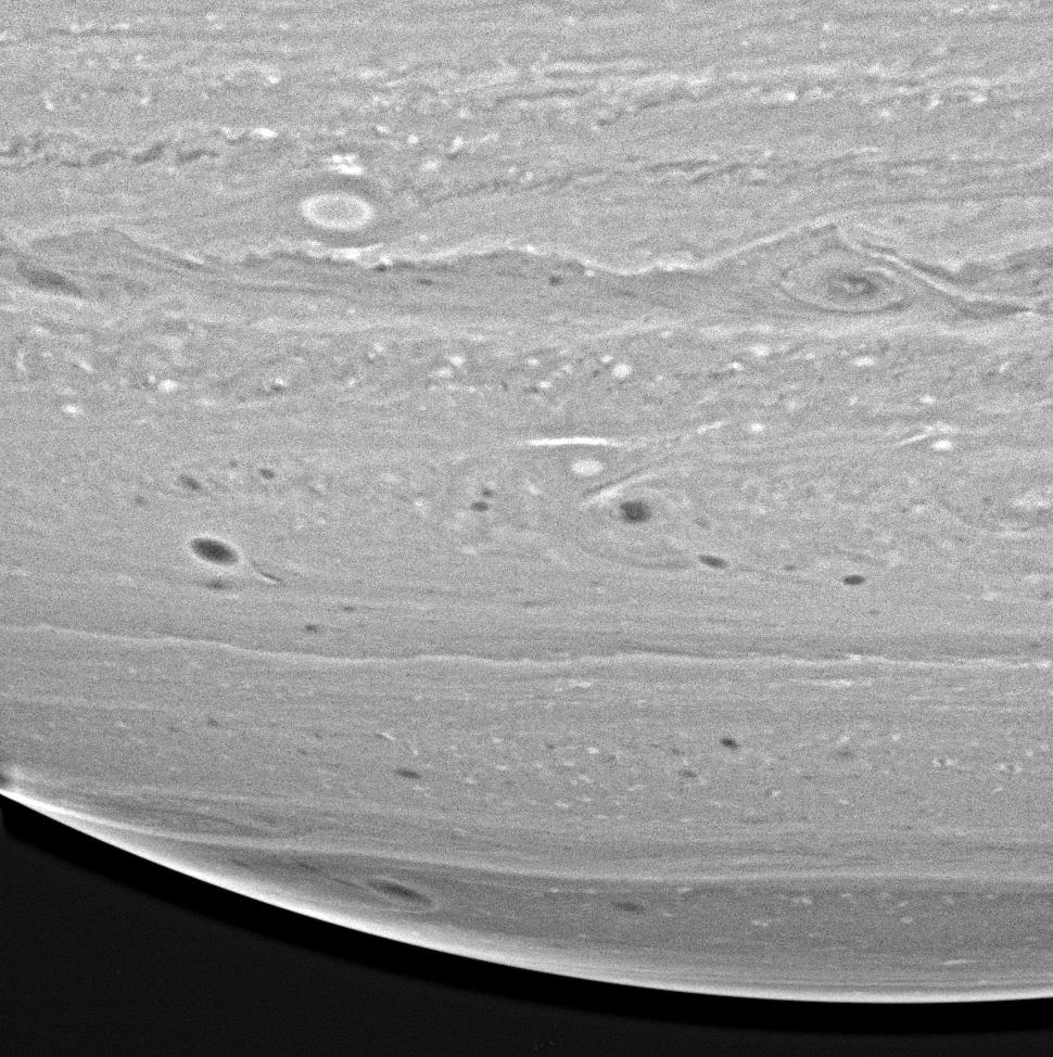 black and white image of saturn's clouds