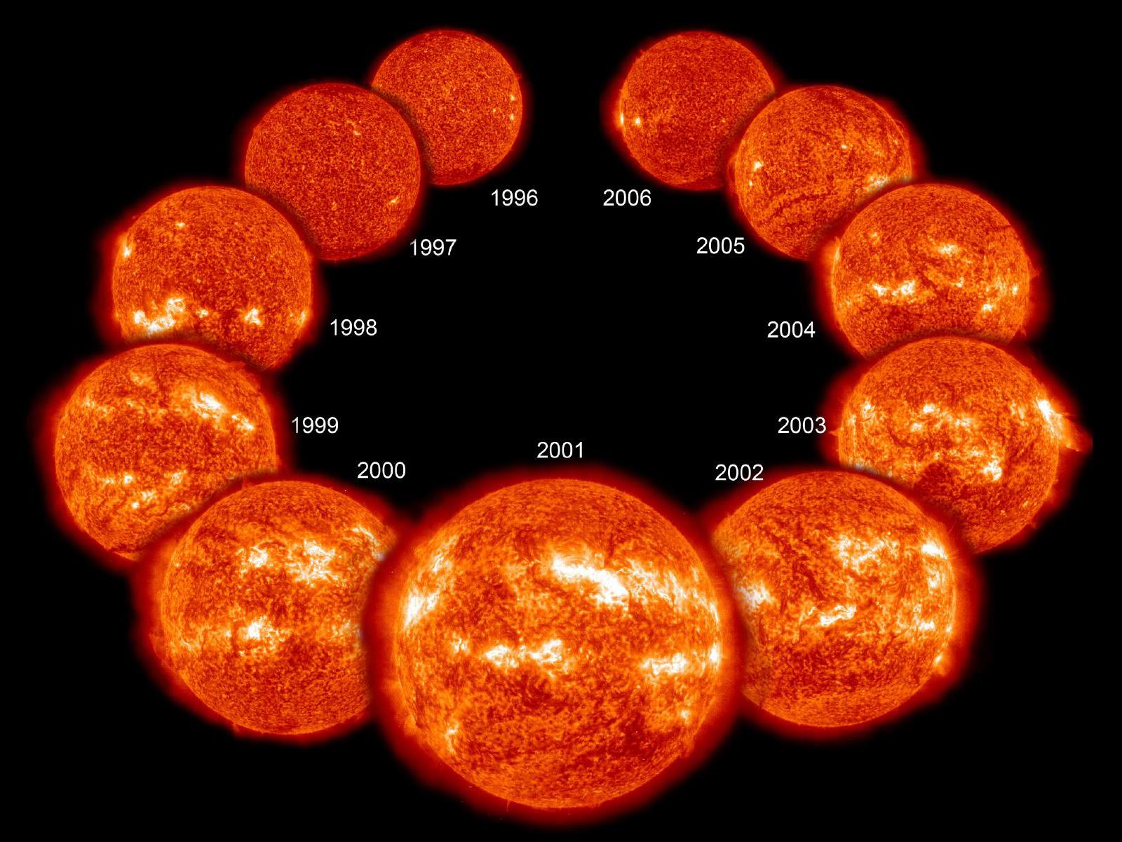 Eleven years in the life of the Sun, spanning most of solar cycle 23, as it progressed from solar minimum (upper left) to maximum conditions and back to minimum (upper right) again, seen as a collage of ten full-disk images of the lower corona.