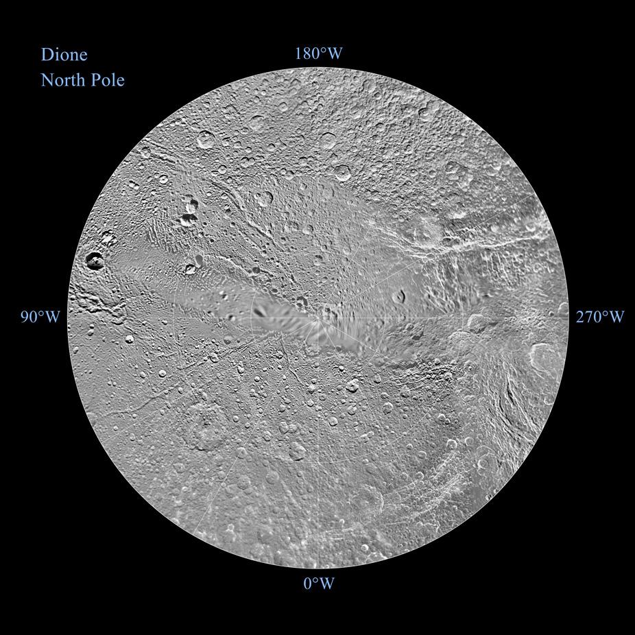 A polar stereographic map of the northern hemisphere of Dione.