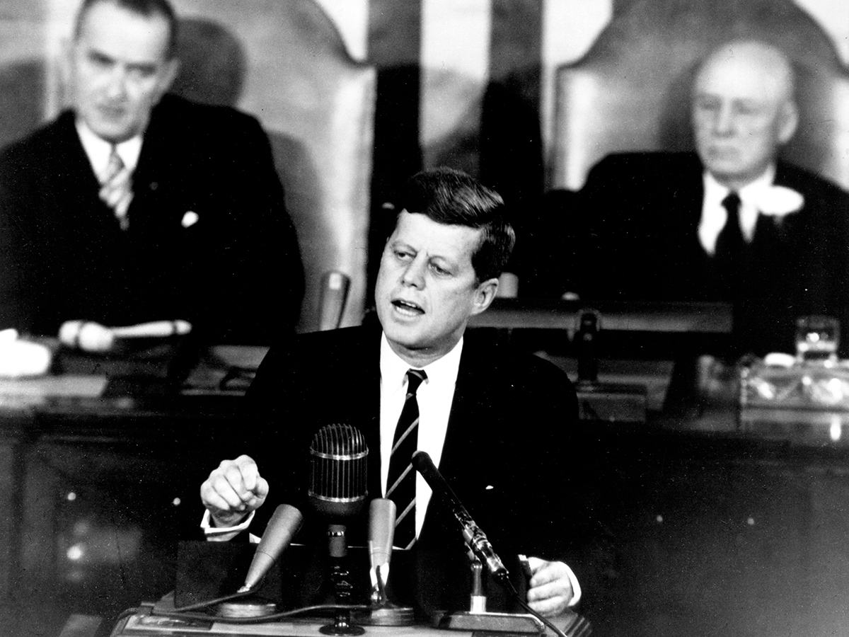 Here we see President John F. Kennedy giving his historic message to a joint session of the Congress, on 25 May 1961.