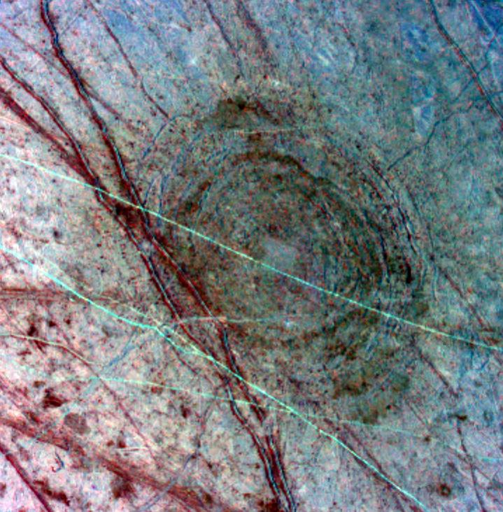 This feature on Europa was seen as a dark, diffuse circular patch on a previous Galileo global image of Europa's leading hemisphere on April 3, 1997.
