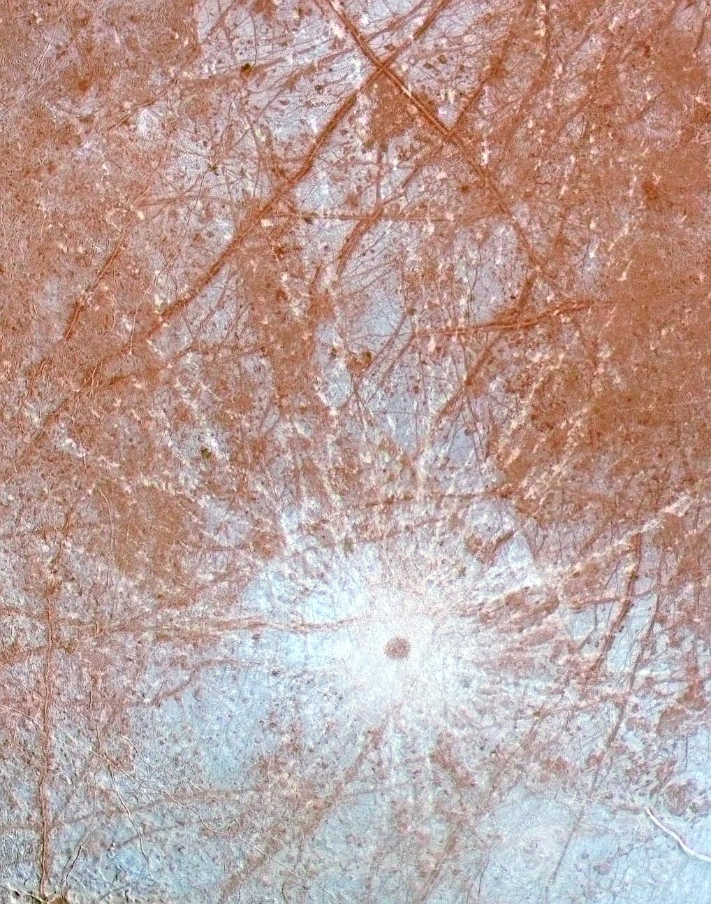 Bright white impact crater on Europa.