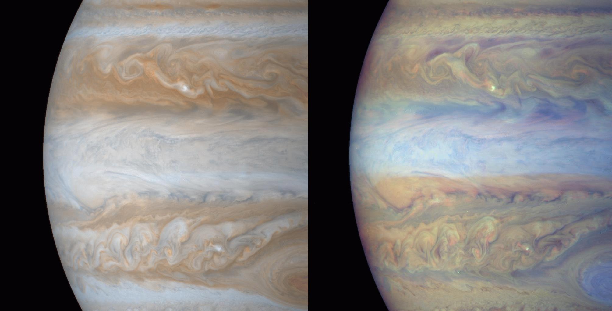 These color composite frames of the mid-section of Jupiter were of narrow angle images acquired on December 31, 2000, a day after Cassini's closest approach to the planet. 