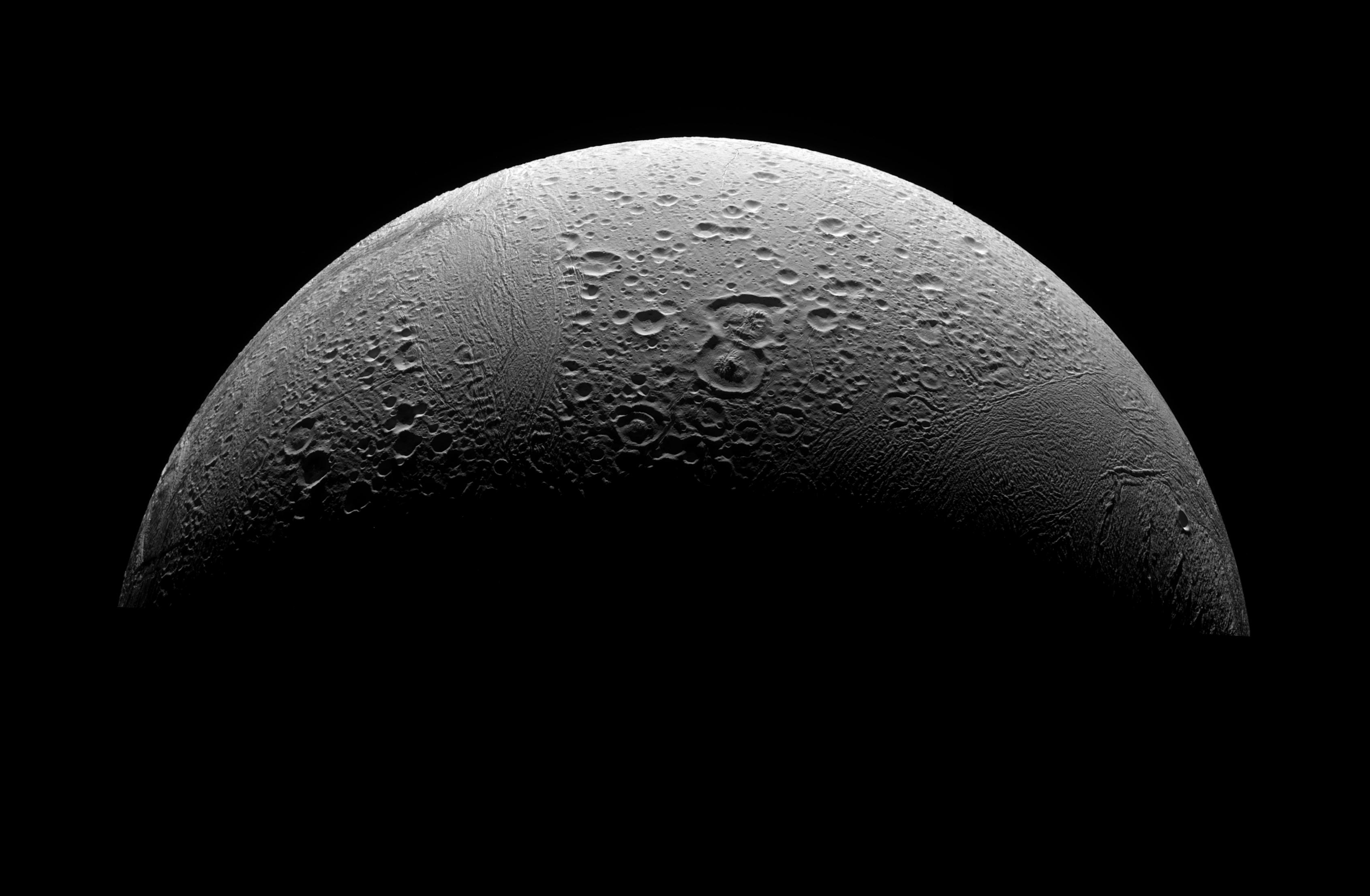 This three-image mosaic is the highest resolution view yet obtained of Enceladus' north polar region.