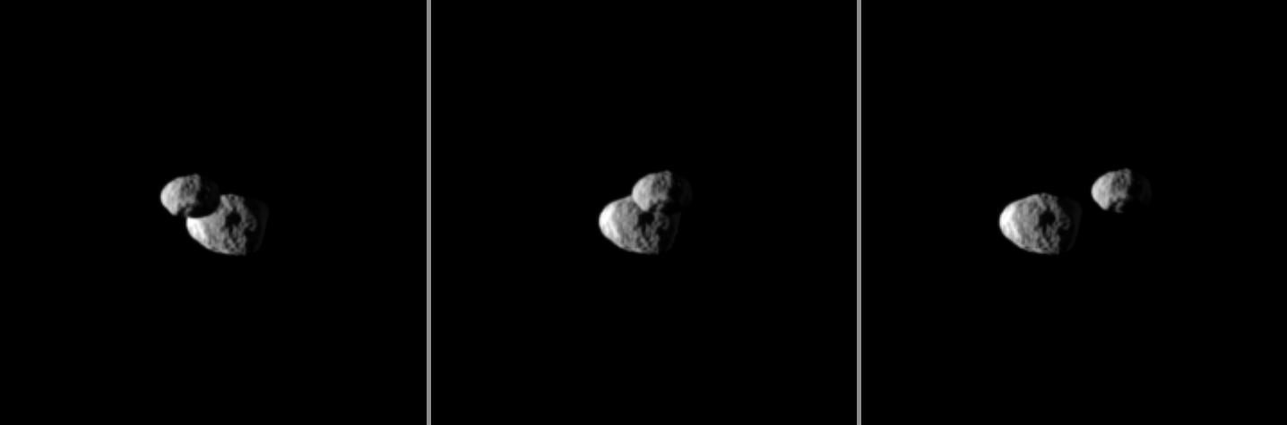 Saturn's moon Epimetheus passes in front of Janus in this "mutual event" chronicled by the Cassini spacecraft.