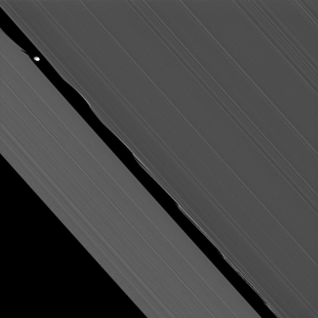 The Cassini spacecraft captures here one of its closest views of Saturn's ring-embedded moon Daphnis.