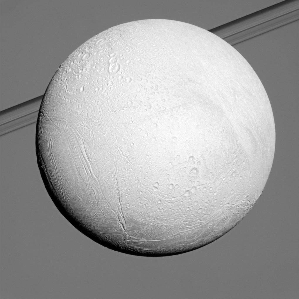 Saturn's moon Enceladus reflects sunlight brightly while the planet and its rings fill the background of this Cassini view.