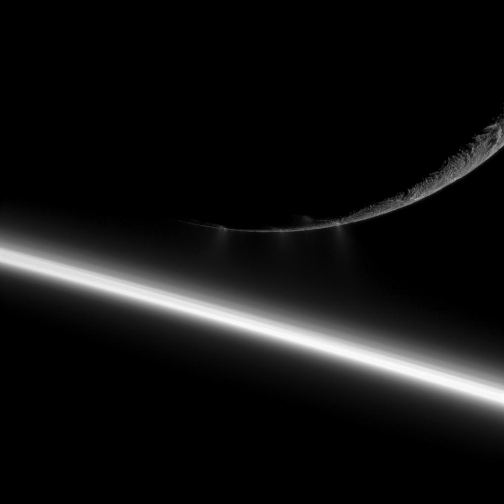 Small water ice particles fly from fissures in the south polar region of Saturn's moon Enceladus in this image taken during the Aug. 13, 2010, flyby of the moon by NASA's Cassini spacecraft.