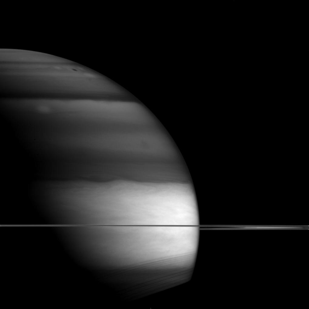 Saturn's unusual appearance in this picture is a result of the planet being imaged via an infrared filter.

