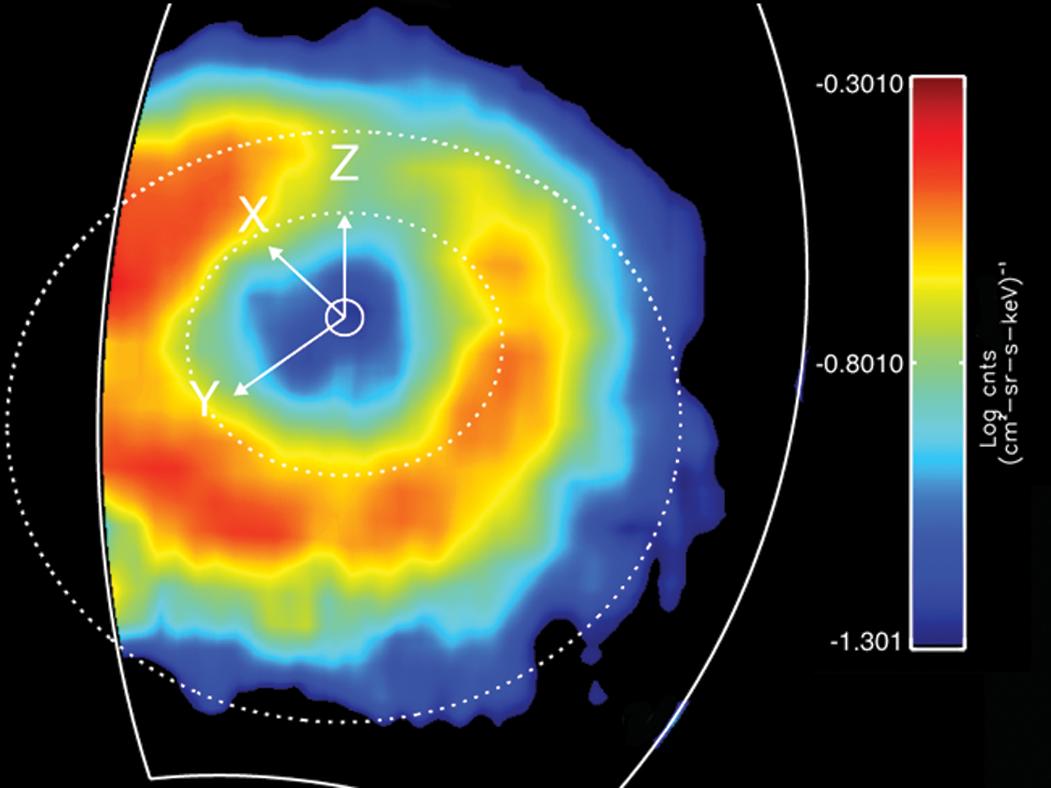 This is a false color map of the intensity of the energetic neutral atoms emitted from the ring current through a processed called charged exchange. 