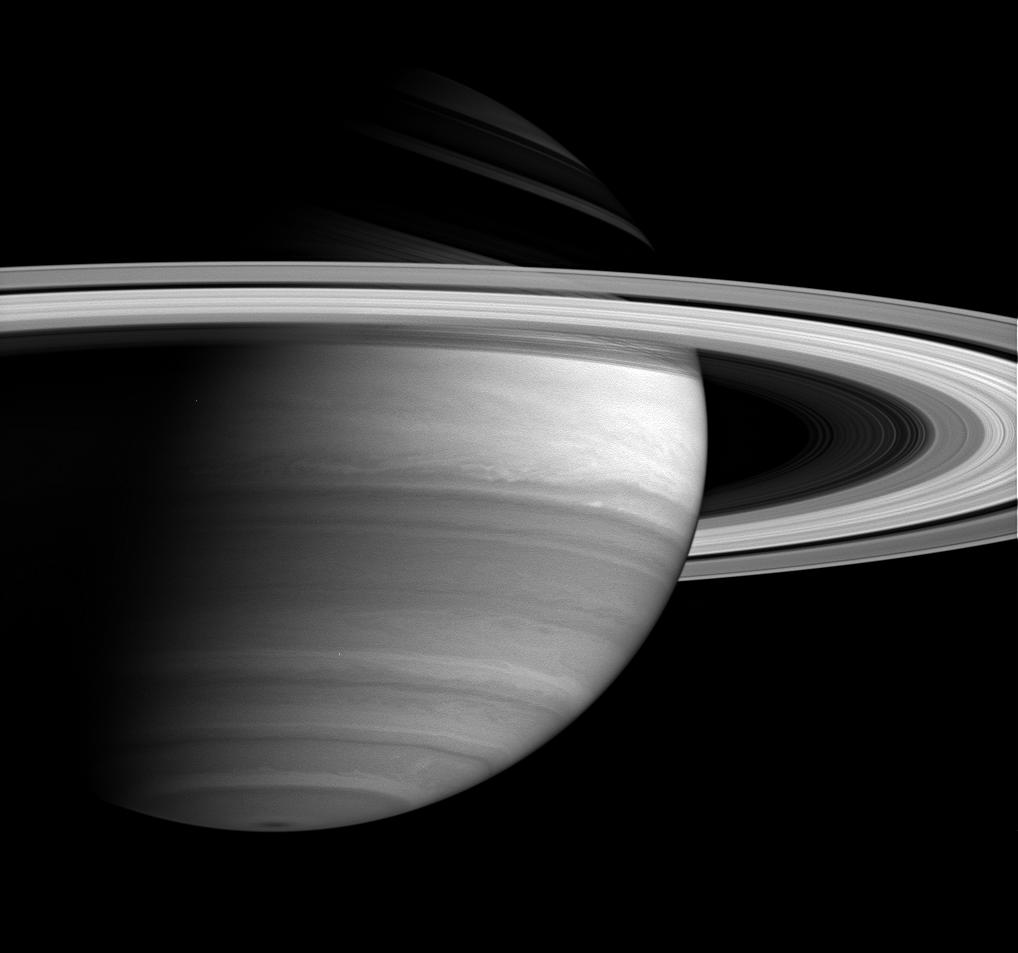 Saturn's bright equatorial band is the most prominent feature on the planet in this view