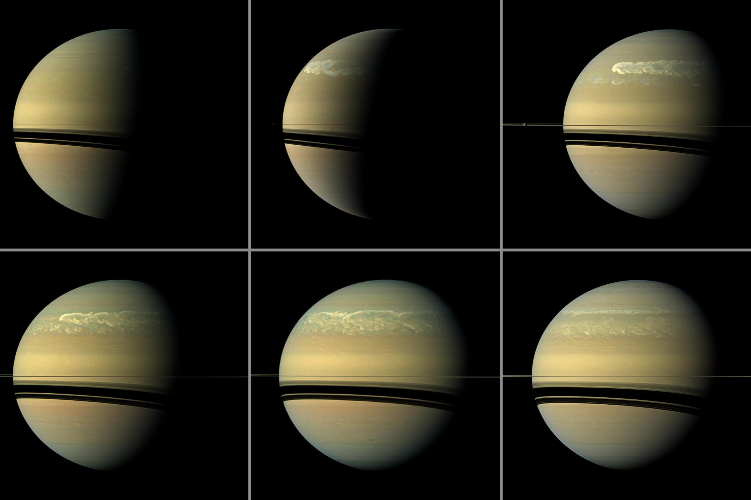 This series of images from NASA's Cassini spacecraft shows the development of the largest storm seen on the planet since 1990. 