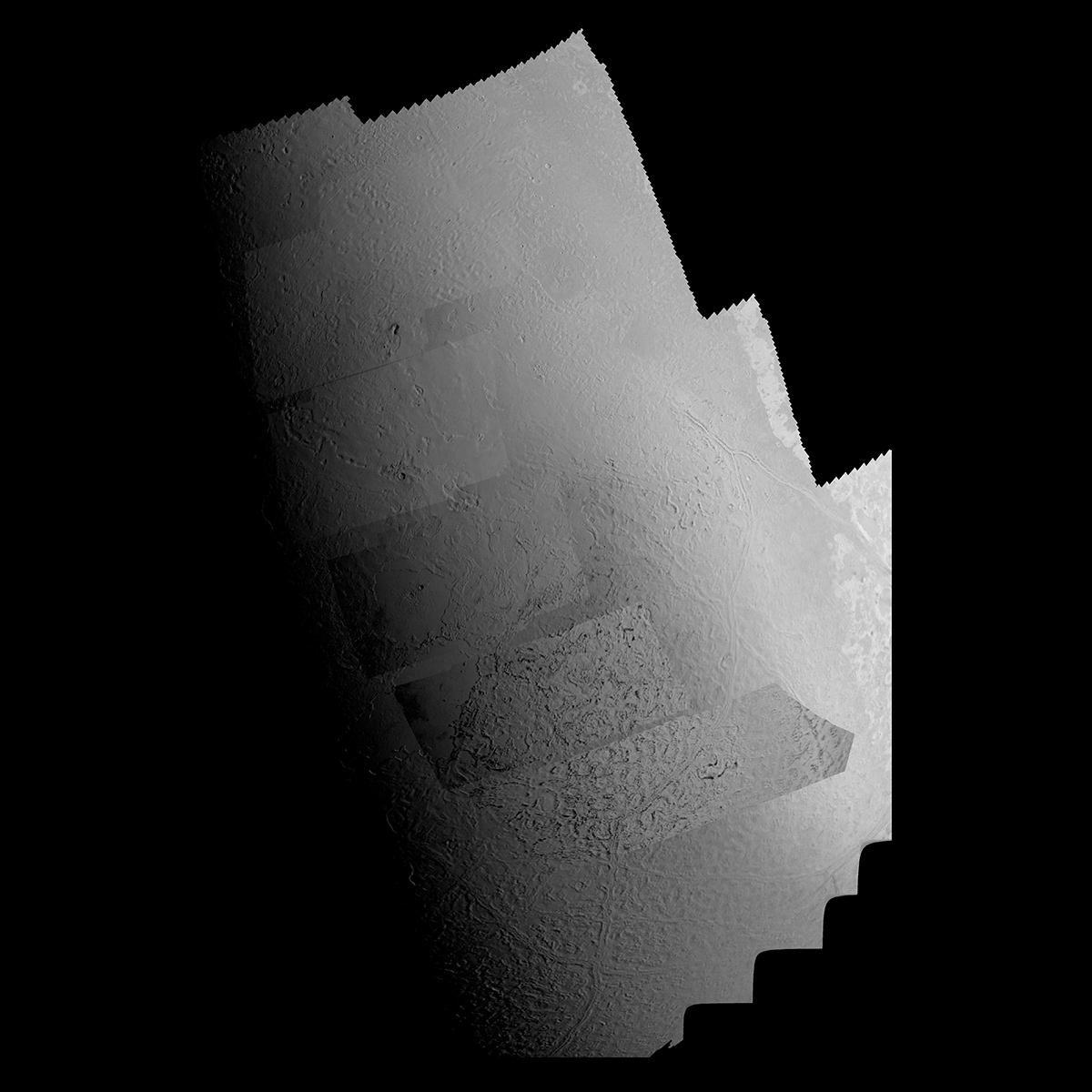 This picture of Triton is a mosaic of the highest resolution images taken by Voyager 2 on Aug. 25, 1989 from a distance of about 40,000 kilometers (24,800 miles).