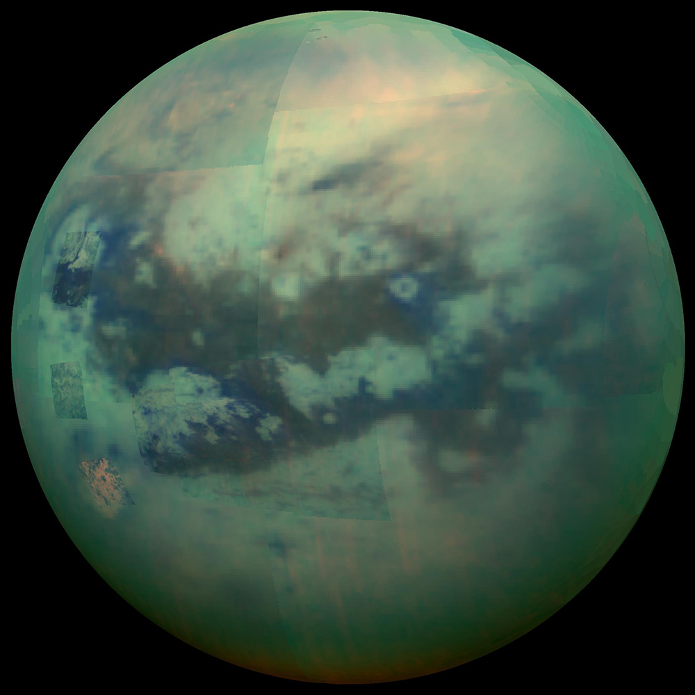 This composite image shows an infrared view of Saturn's moon Titan from NASA's Cassini spacecraft, acquired during the mission's "T-114" flyby on Nov. 13, 2015.