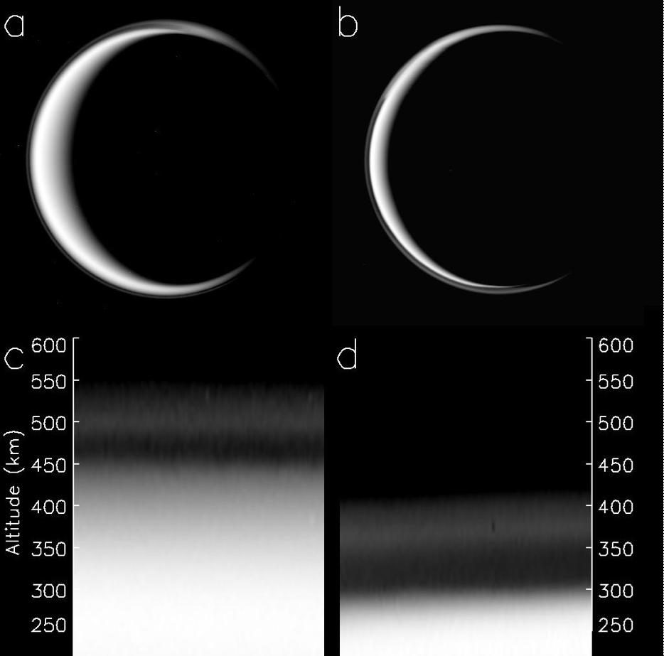 two images illustrating changes in Titan's haze layer