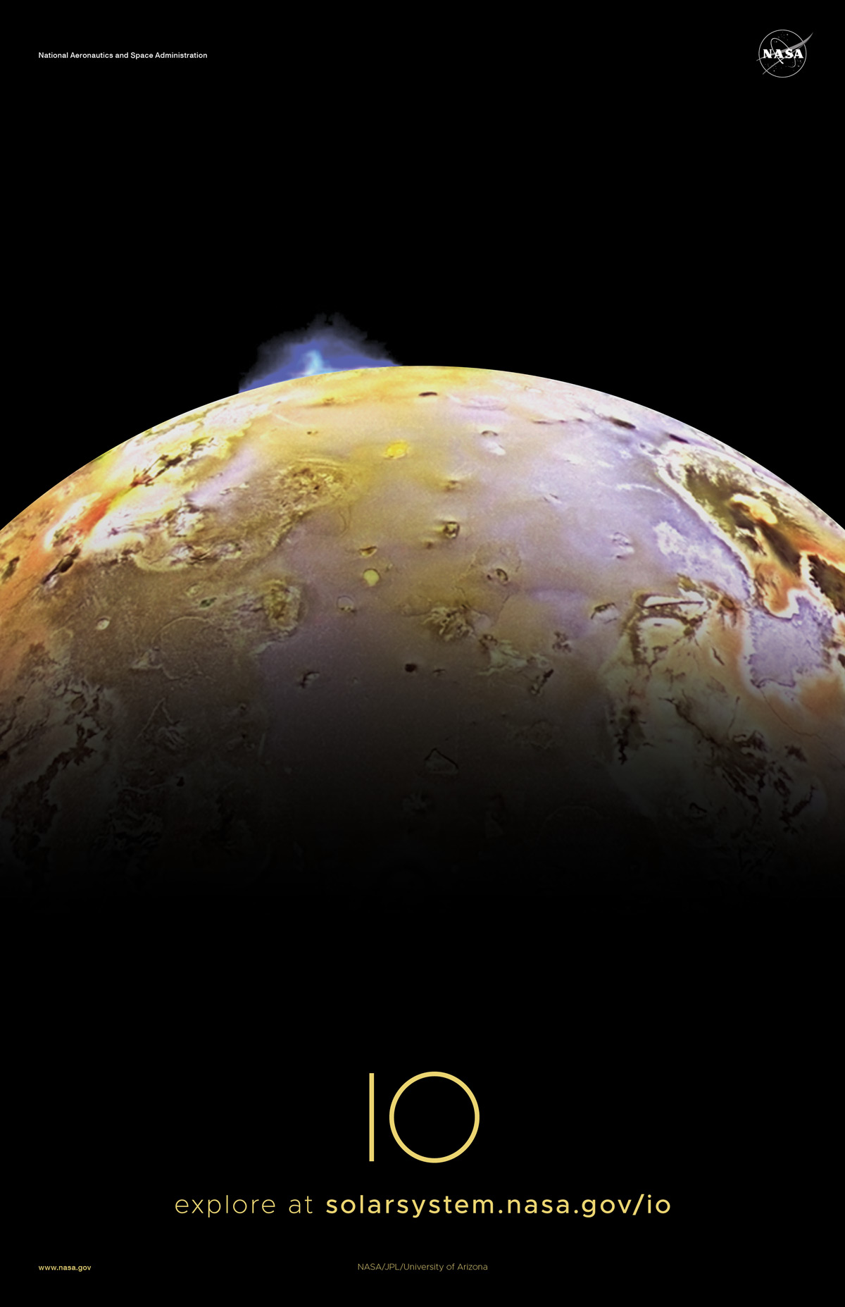 Sunlit half of Io with a volcano erupting into space.