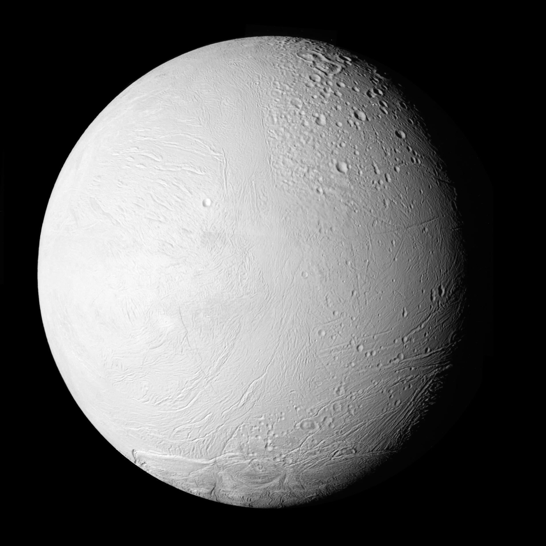 NASA’s Cassini spacecraft shows a new view of Saturn’s moon Enceladus in a whole-disk mosaic of the geologically active moon's leading, or western, hemisphere.