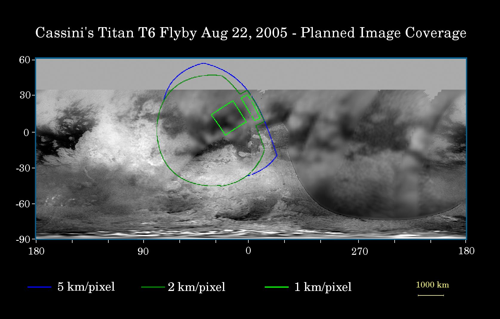 This map of Titan's surface illustrates the regions that will be imaged by Cassini during the spacecraft's close flyby of Titan on Aug. 22, 2005.
