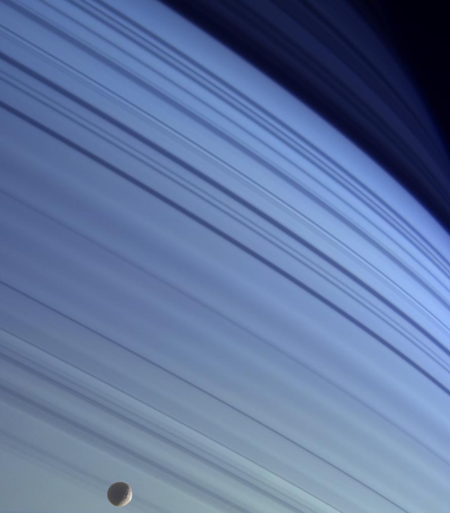 Mimas against the azure backdrop of Saturn's northern latitudes