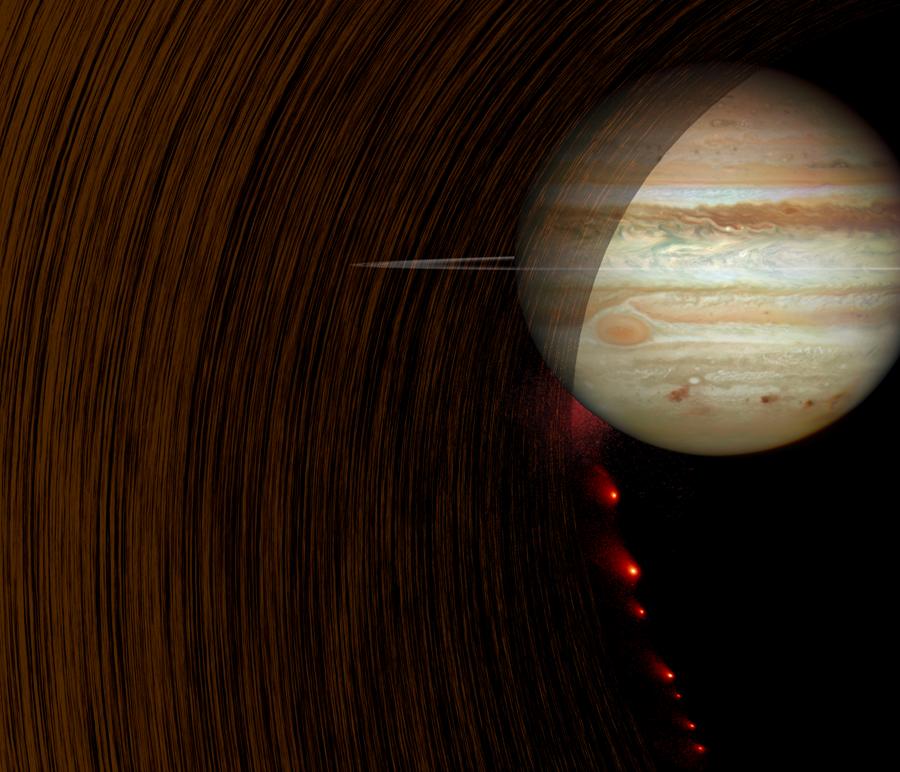 Artist's rendition of comet Shoemaker-Levy 9 heading into Jupiter