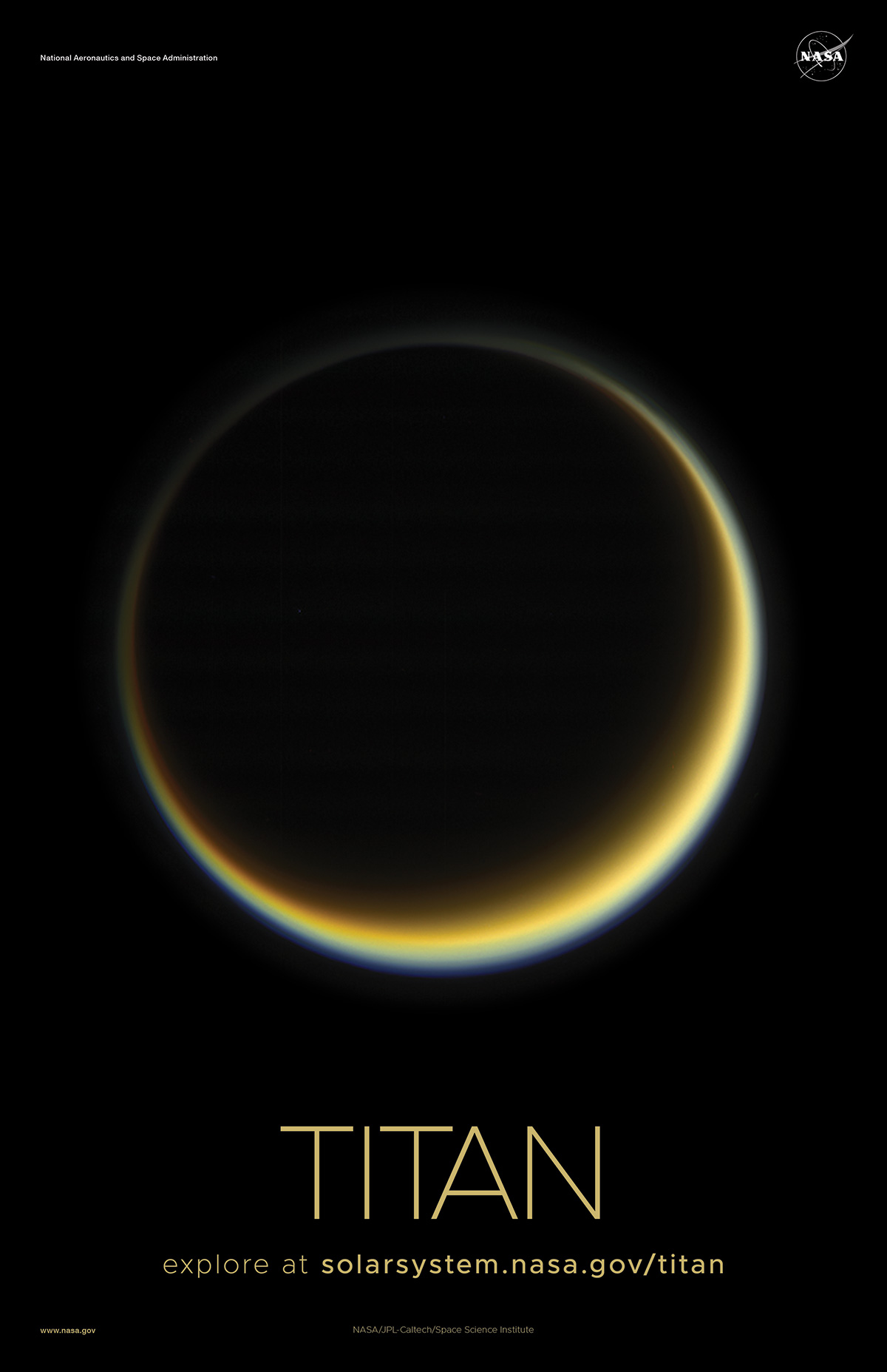 Crescent view of Titan on a poster.