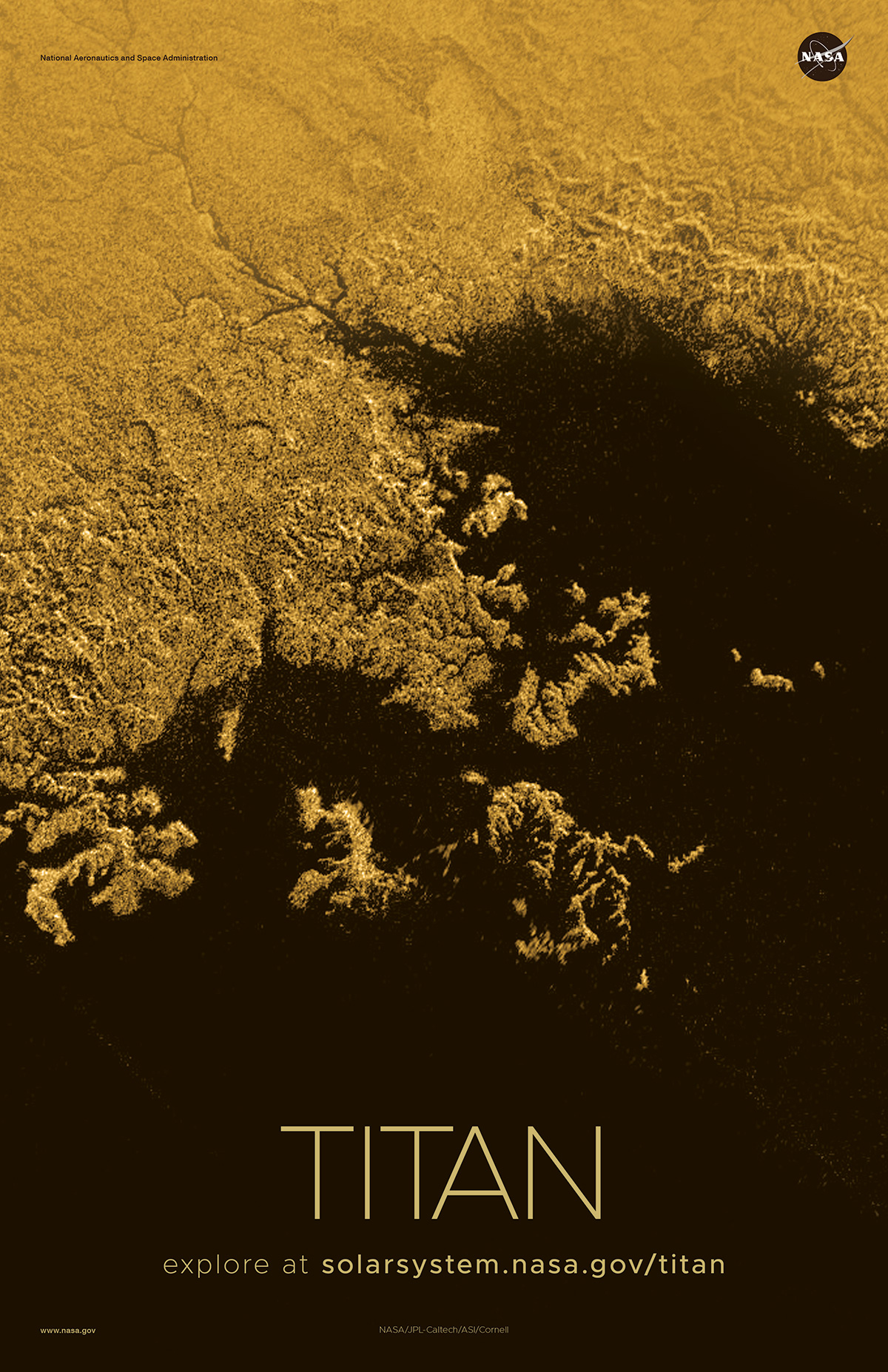 Aerial view of hydrocarbon sea on Titan.
