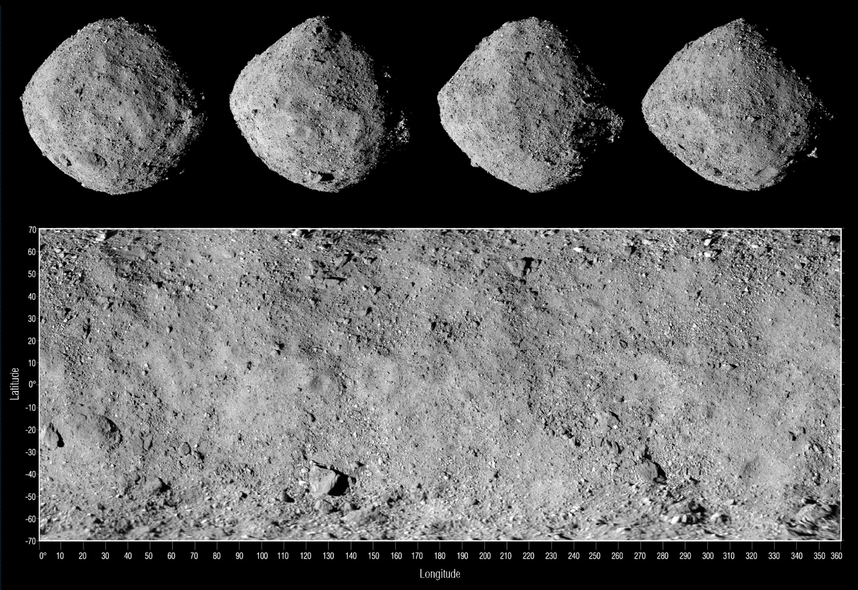 Multiple views showing the boulder-covered surface of asteroid Bennu.