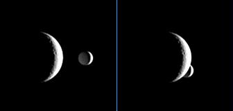 Two images showing Enceladus passing behind Rhea