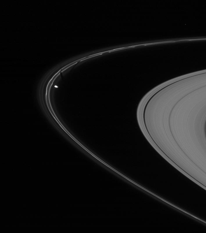 Prometheus is caught here, in the act of pulling a new streamer out of the F ring's inner edge