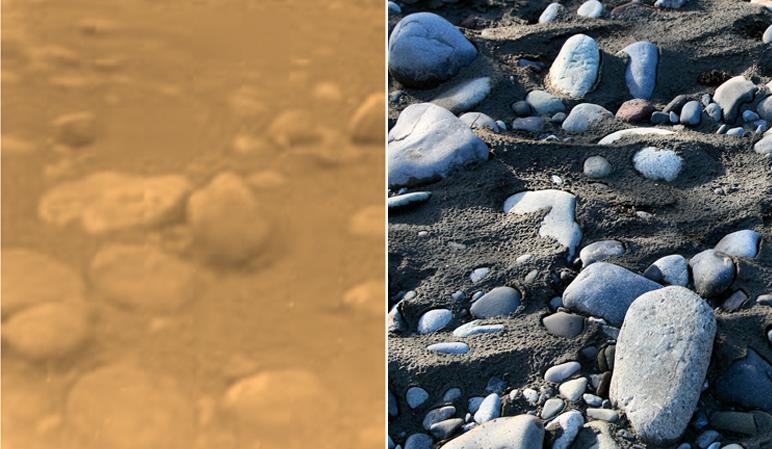 River Rocks on Titan, left, and Earth