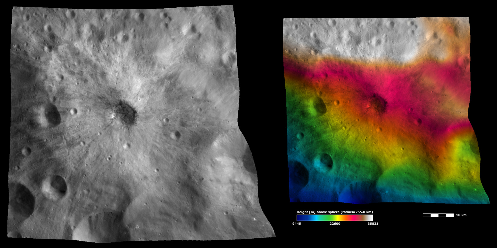 Apparent Brightness and Topography Images of Vibidia Crater