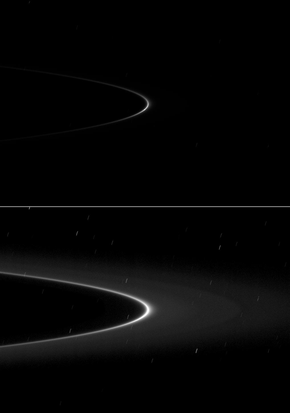 A small moonlet is just visible as a short streak near the ansa of the G ring arc in the top of two versions of the same image.