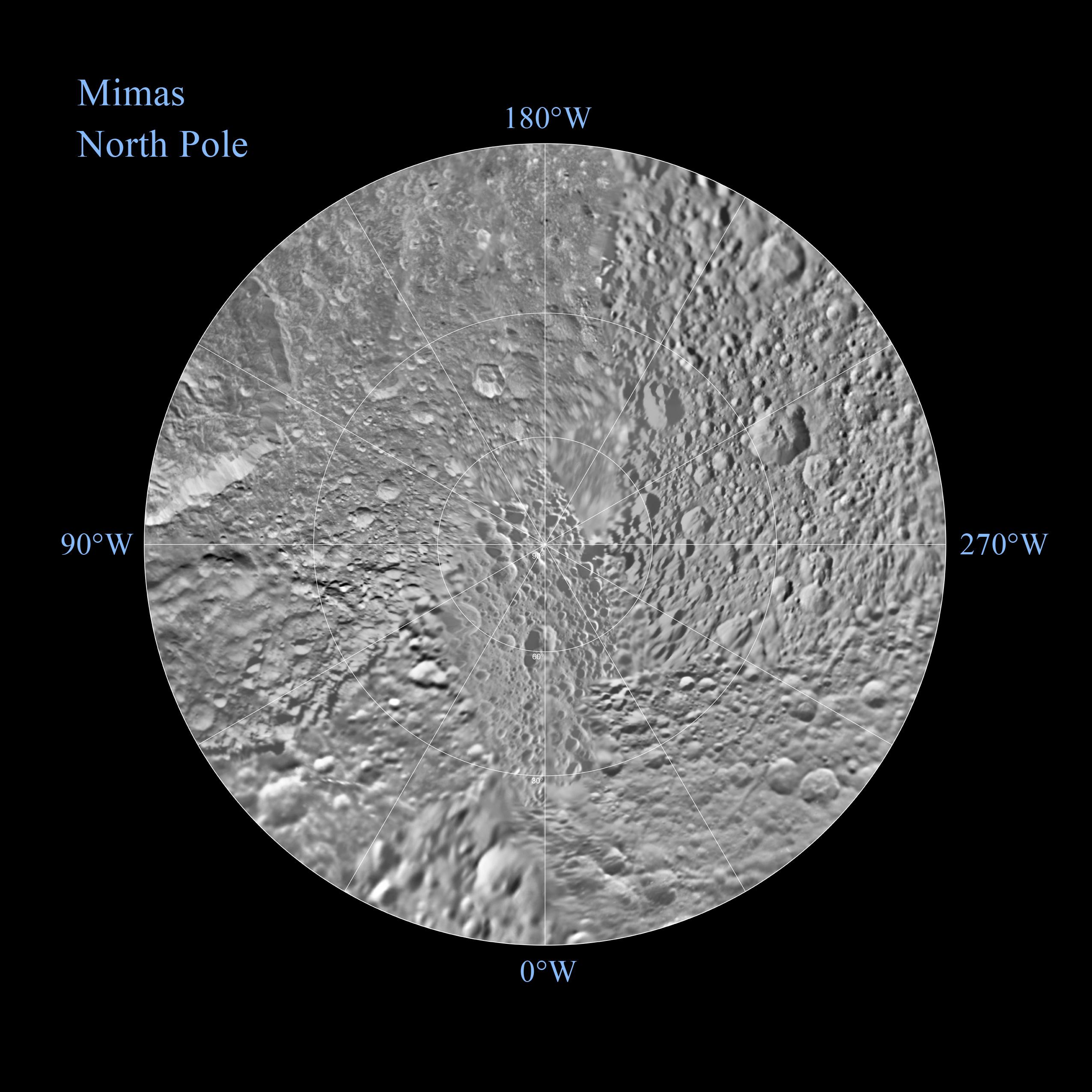 The northern and southern hemispheres of Saturn's moon Mimas are seen in these polar stereographic maps, mosaicked from the best-available Cassini and Voyager images.