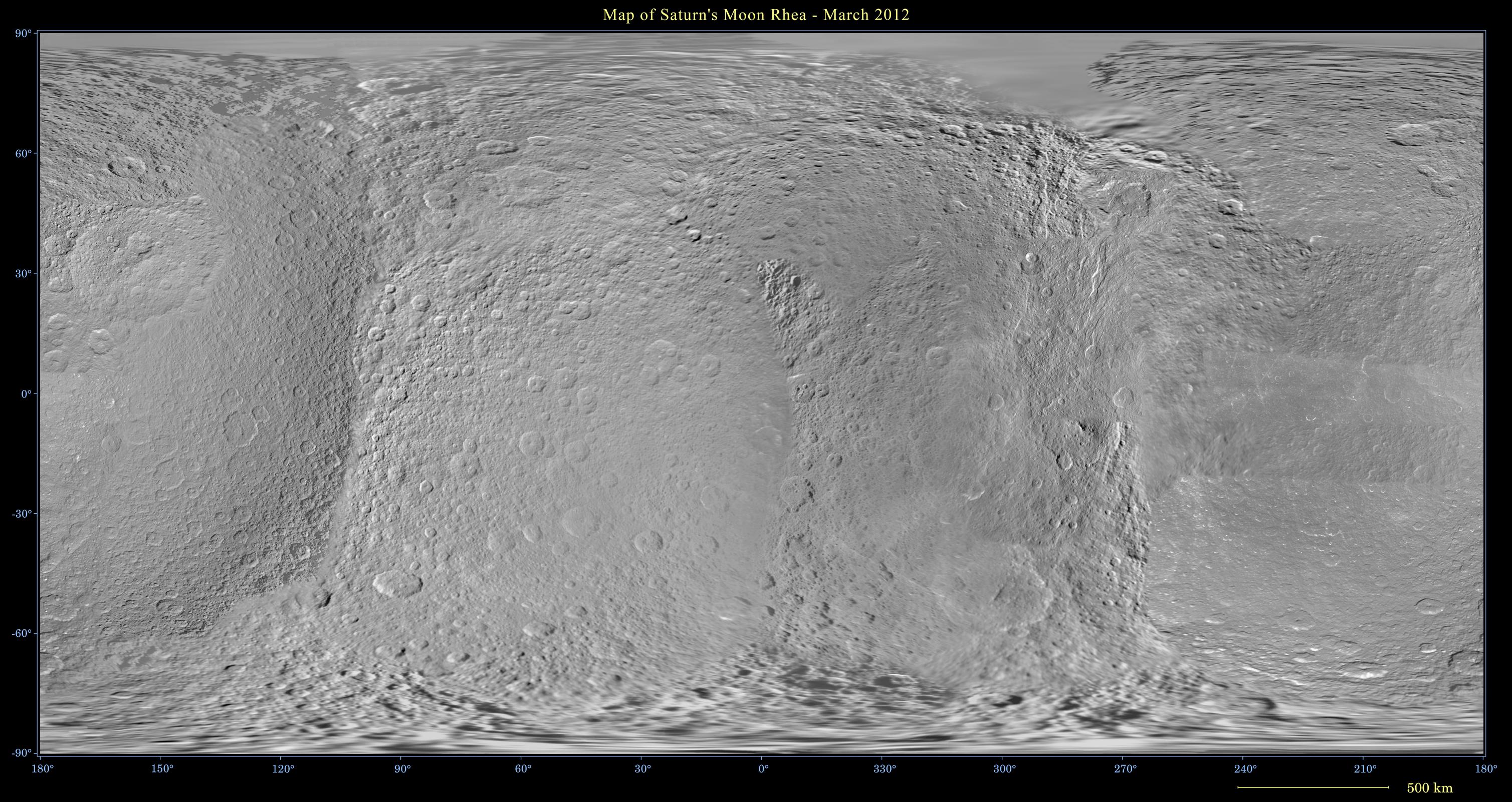 This global digital map of Rhea was created using data taken during Cassini and Voyager spacecraft flybys.