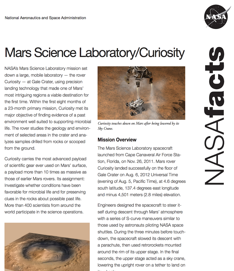 mars science laboratory fact sheet screenshot