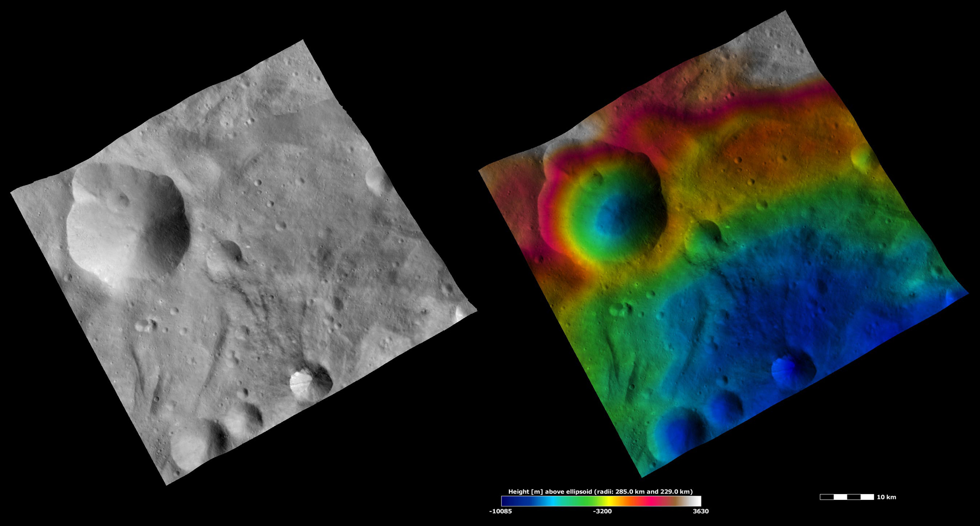 Apparent Brightness and Topography Images of Urbinia and Sossia Craters