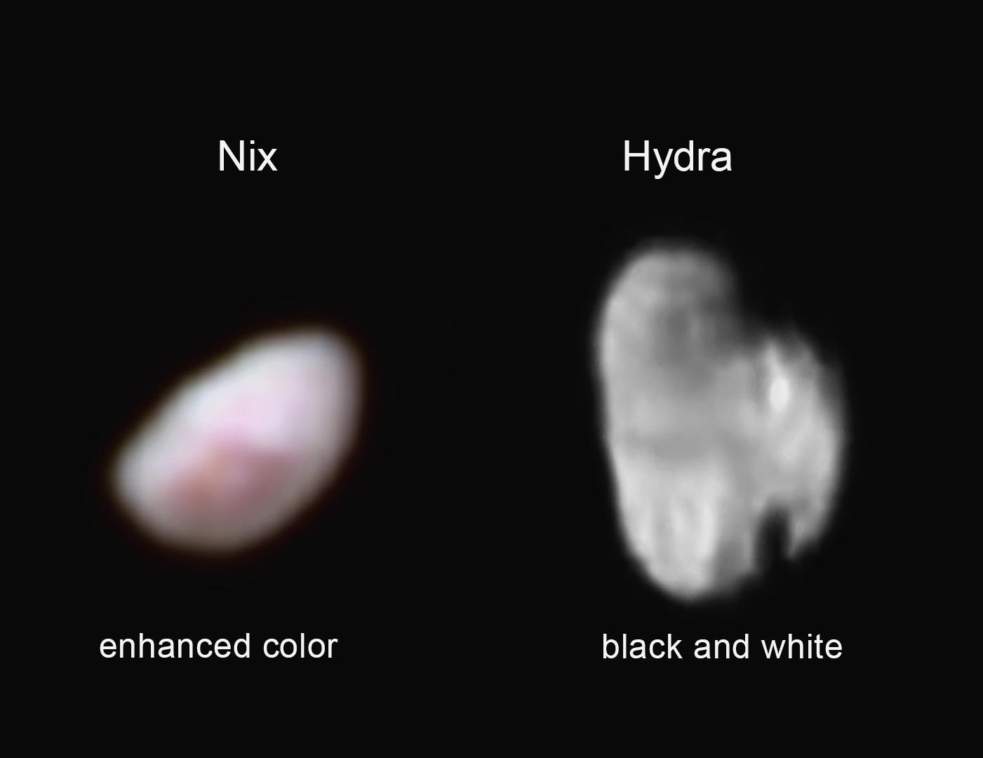 Pluto's moon Nix (left), shown here in enhanced color as imaged by NASA's New Horizons Ralph instrument, has a reddish spot that has attracted the interest of mission scientists.