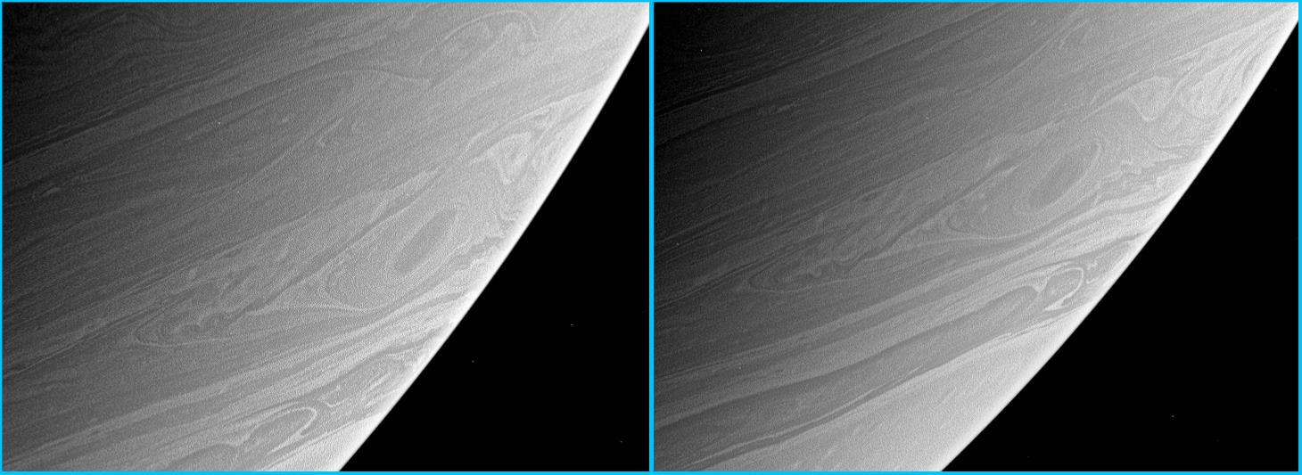 Two views of large vortex on Saturn as it plows through the atmosphere