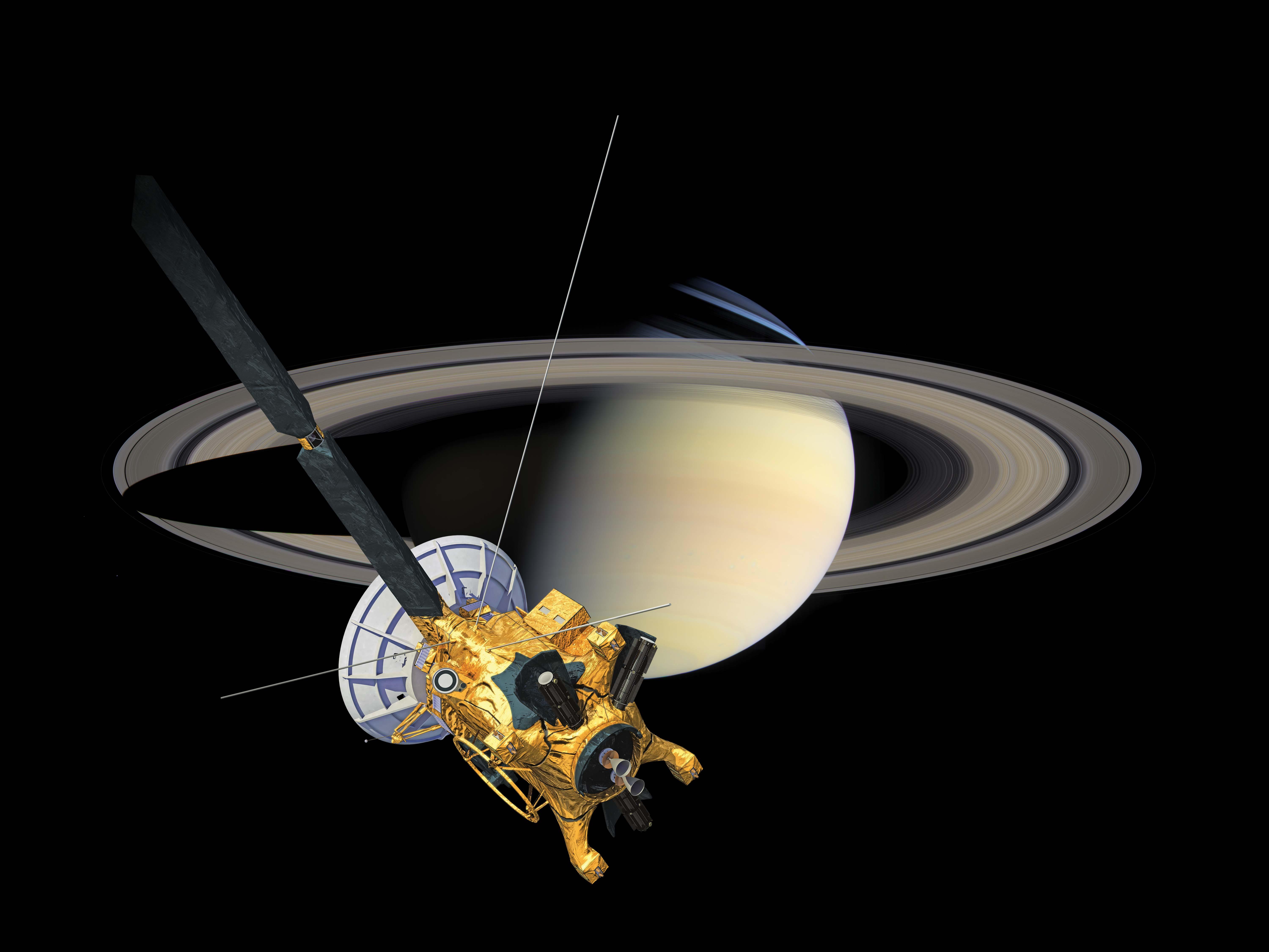 Saturn's shadow passes over its rings as the Cassini spacecraft looks on in this artist's concept.
