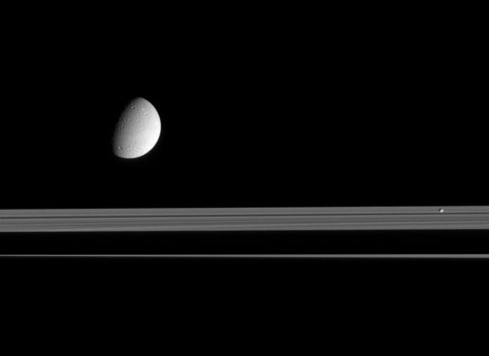 Dione and Pandora amidst the rings