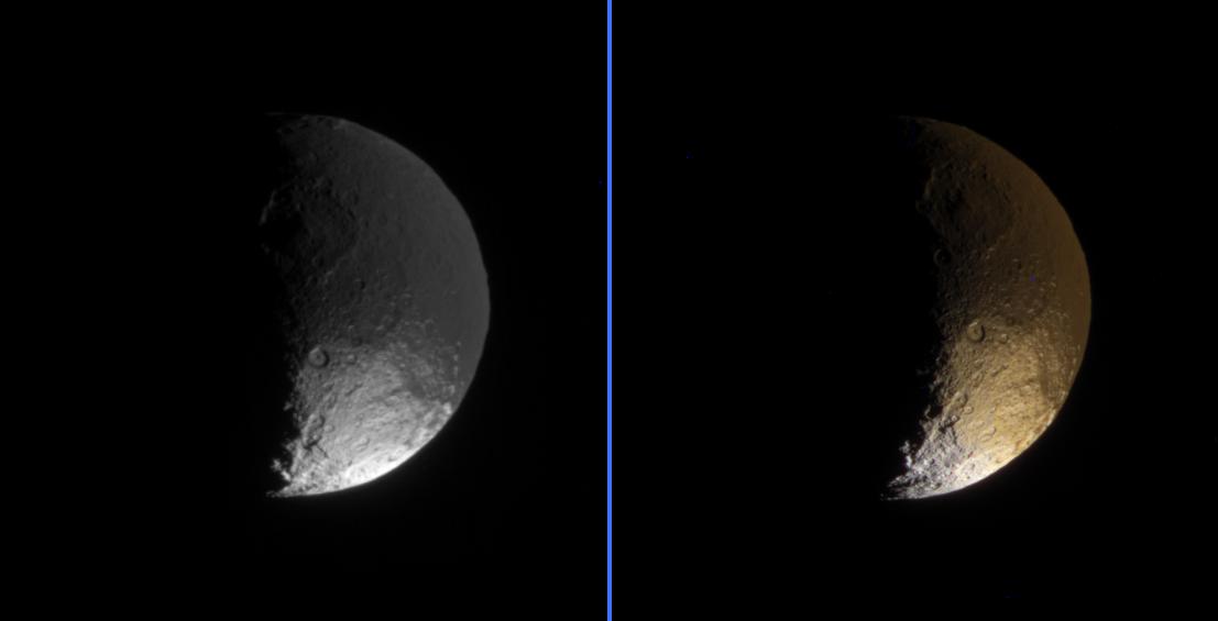 Two views of Enceladus: left in black and white, right in color