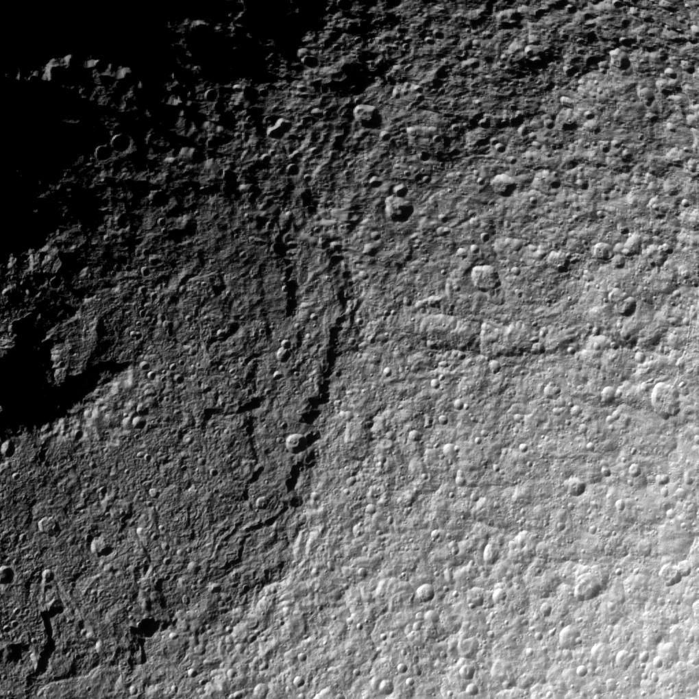 The Cassini spacecraft takes a detailed look at the northern part of the huge Odysseus Crater on Saturn's moon Tethys.