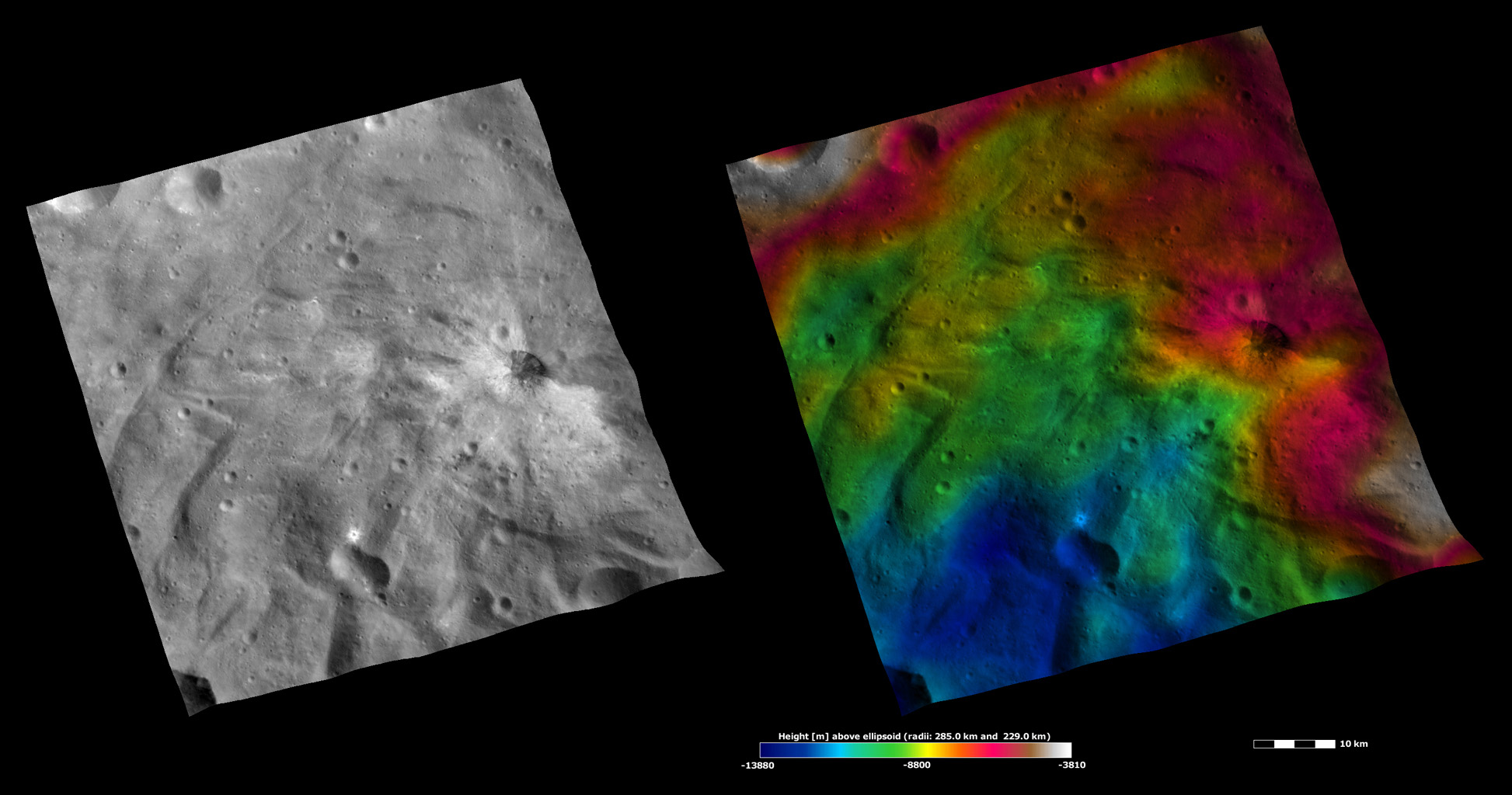 Apparent Brightness and Topography Images of Justina Crater
