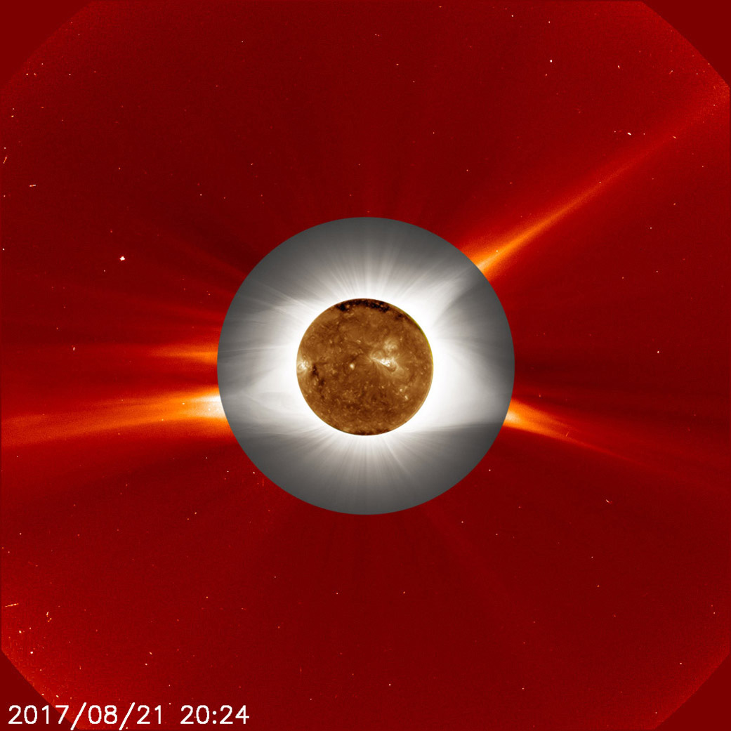 composite image of sun and solar atmosphere, from space telescopes and ground-based camera