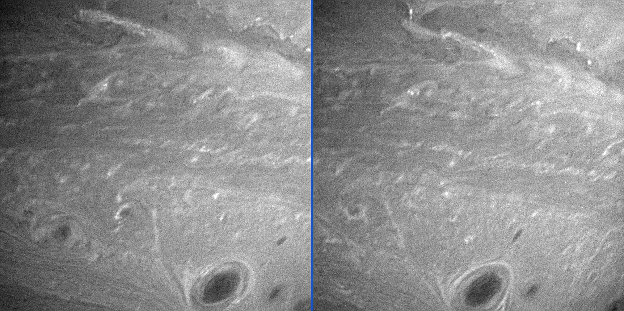 Vortices mingle amidst other turbulent motions in Saturn's atmosphere in these two comparison images